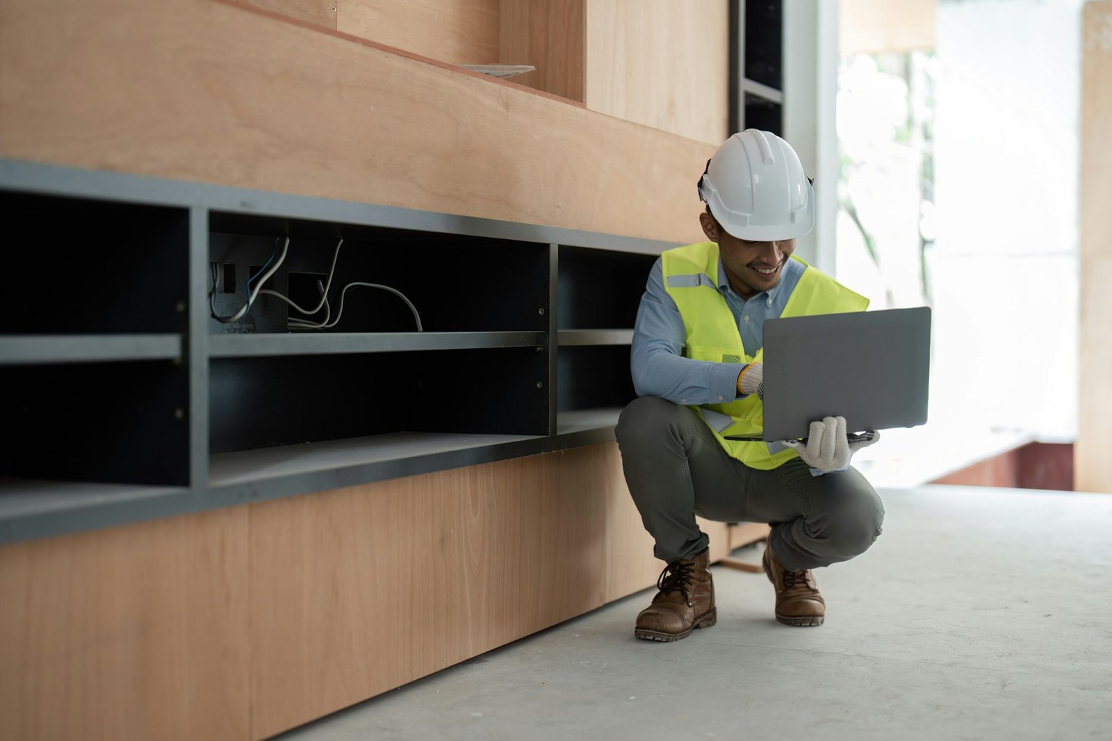 asian male engineer working with drawings inspection on laptop on construction site at work desk in